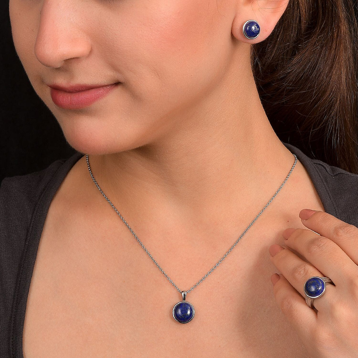 3 Piece Set - Lapis Lazuli Earring with Push Back, Ring &amp; Pendant with Chain (Size 20) 23.42 Ct. V32716630 3