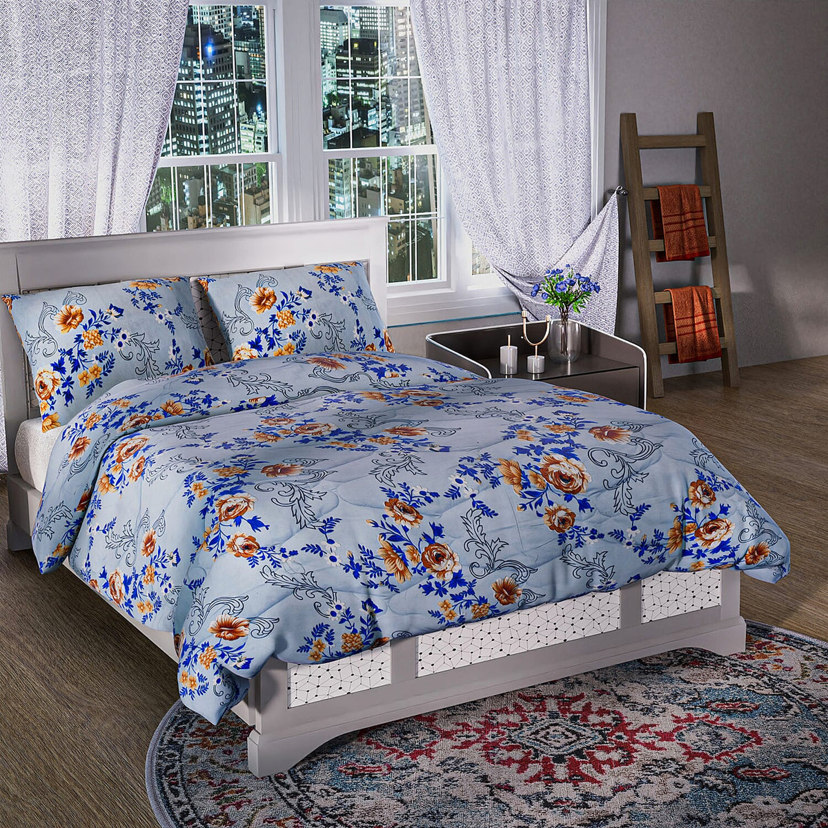 3 Piece Set - Micro Fiber Quilted Printed Reversible Comforter with 2 Pillow Cover (Double Size, 200x200 cm) - Sky Blue 7283040 0