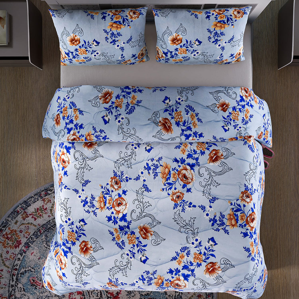 3 Piece Set - Micro Fiber Quilted Printed Reversible Comforter with 2 Pillow Cover (Double Size, 200x200 cm) - Sky Blue 7283040 1