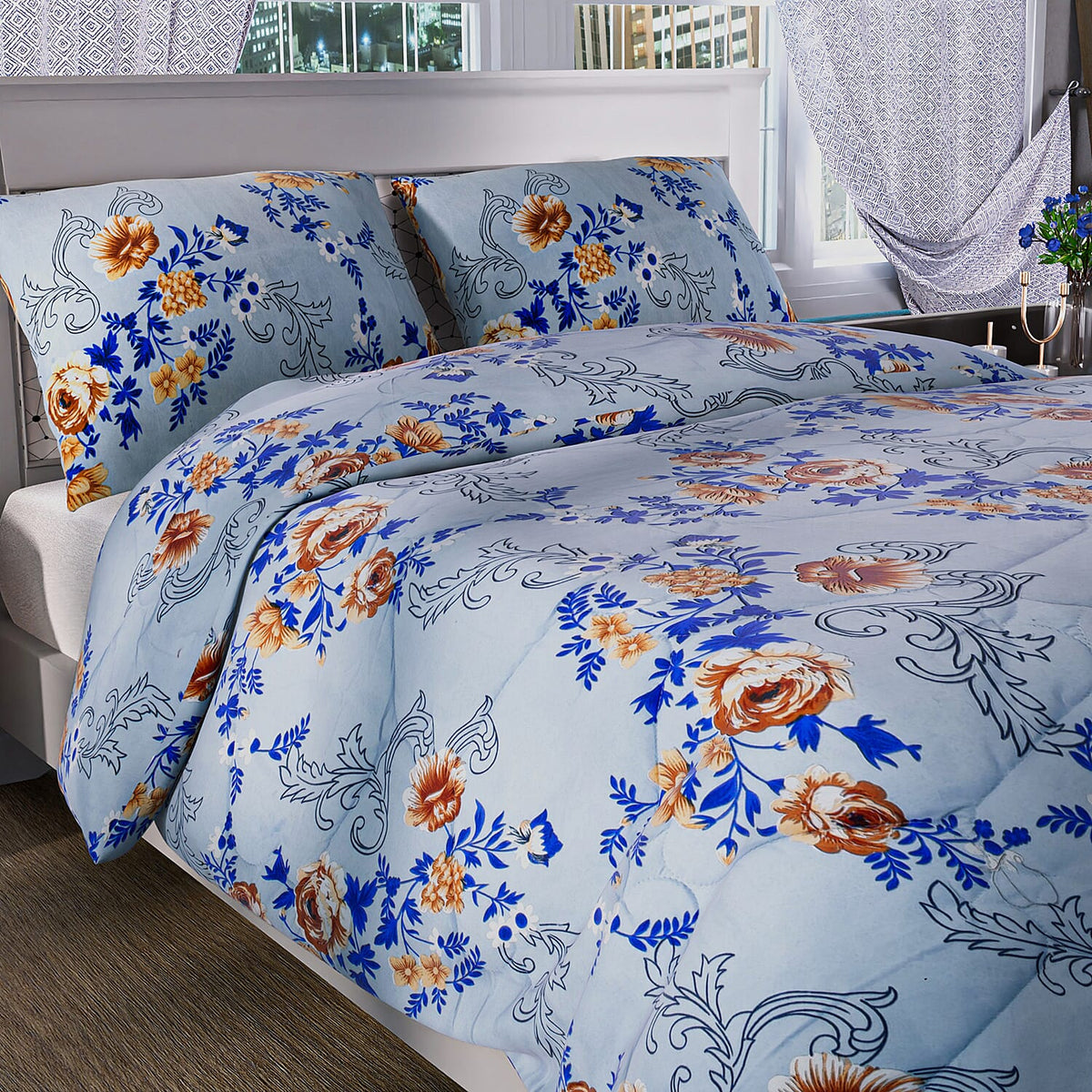 3 Piece Set - Micro Fiber Quilted Printed Reversible Comforter with 2 Pillow Cover (Double Size, 200x200 cm) - Sky Blue 7283040 2