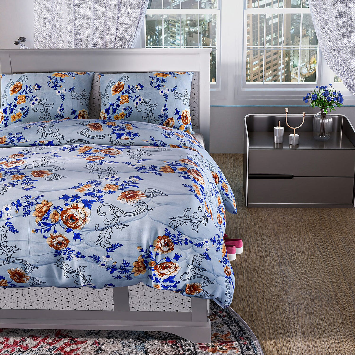 3 Piece Set - Micro Fiber Quilted Printed Reversible Comforter with 2 Pillow Cover (Double Size, 200x200 cm) - Sky Blue 7283040 3