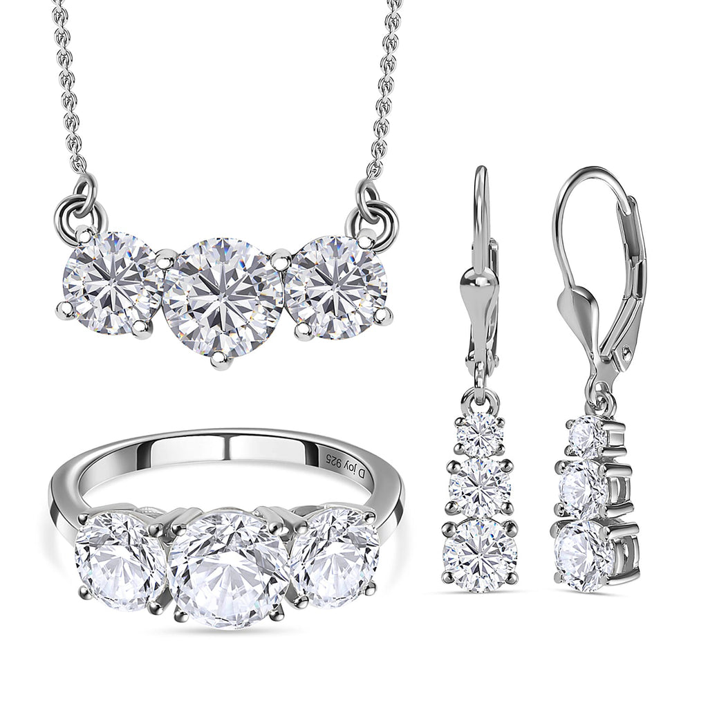 3 Piece Set - Moissanite 3 Stone Ring, Earrings and Necklace in Platinum Overlay Sterling Silver 7.19 Ct