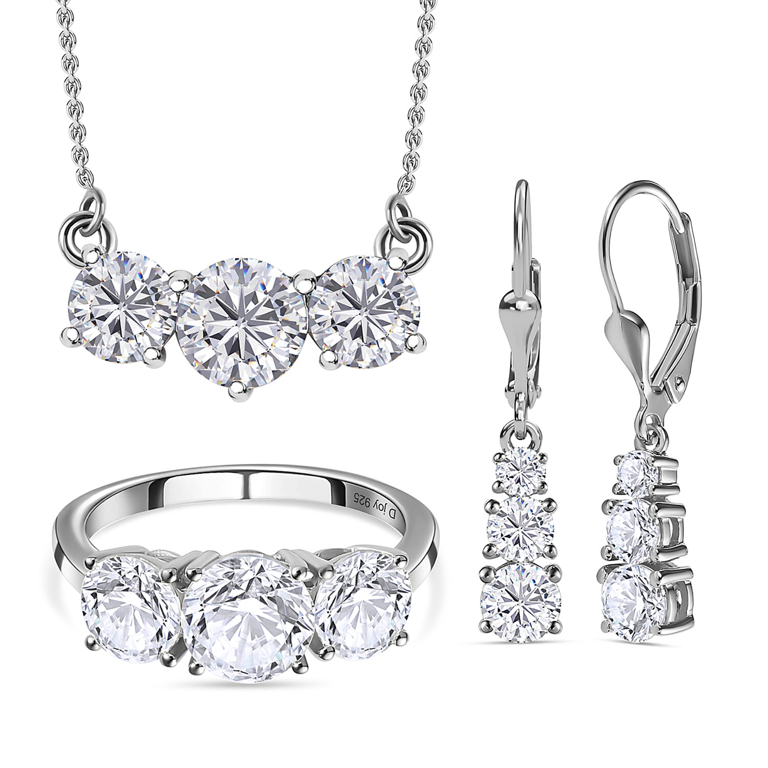 3 Piece Set - Moissanite 3 Stone Ring, Earrings and Necklace in Platinum Overlay Sterling Silver 7.19 Ct 4214195 0