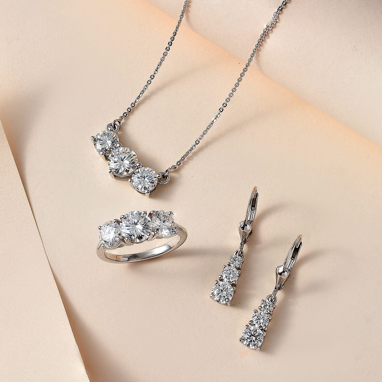 3 Piece Set - Moissanite 3 Stone Ring, Earrings and Necklace in Platinum Overlay Sterling Silver 7.19 Ct 4214195 2