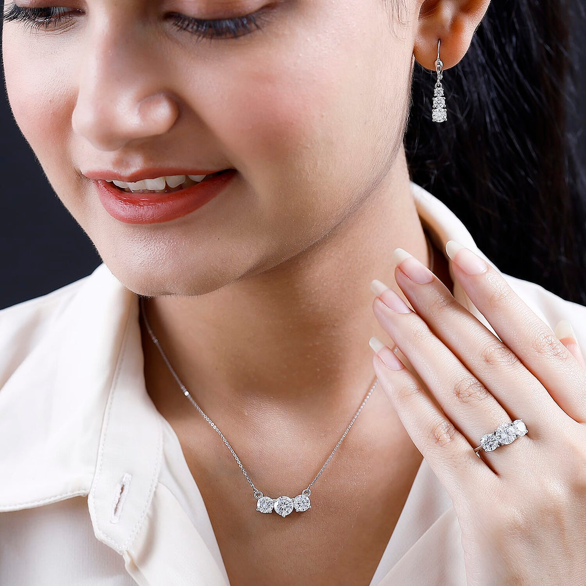 3 Piece Set - Moissanite 3 Stone Ring, Earrings and Necklace in Platinum Overlay Sterling Silver 7.19 Ct 4214195 3