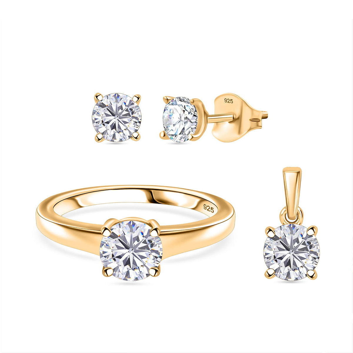 3 Piece Set -  Moissanite Solitaire Stud Push Post Earring and Solitaire Pendant and Solitaire Ring (Size - N) in 18K Gold Vermeil Sterling Silver 2.46 Ct. 4314851 0