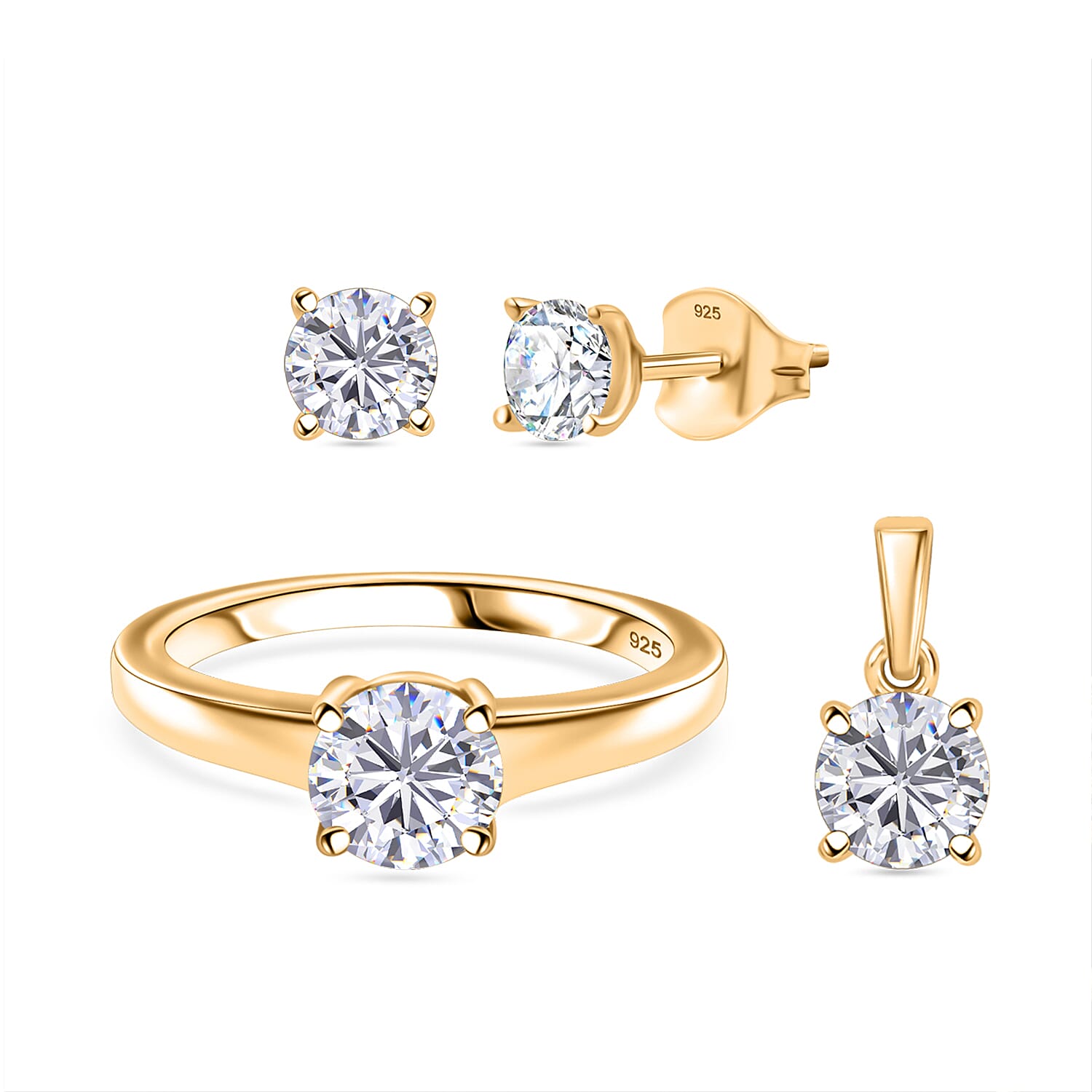 3 Piece Set -  Moissanite Solitaire Stud Earrings, Solitaire Pendant and Solitaire Ring in18K Gold Vermeil Plated Sterling Silver 4314854 0