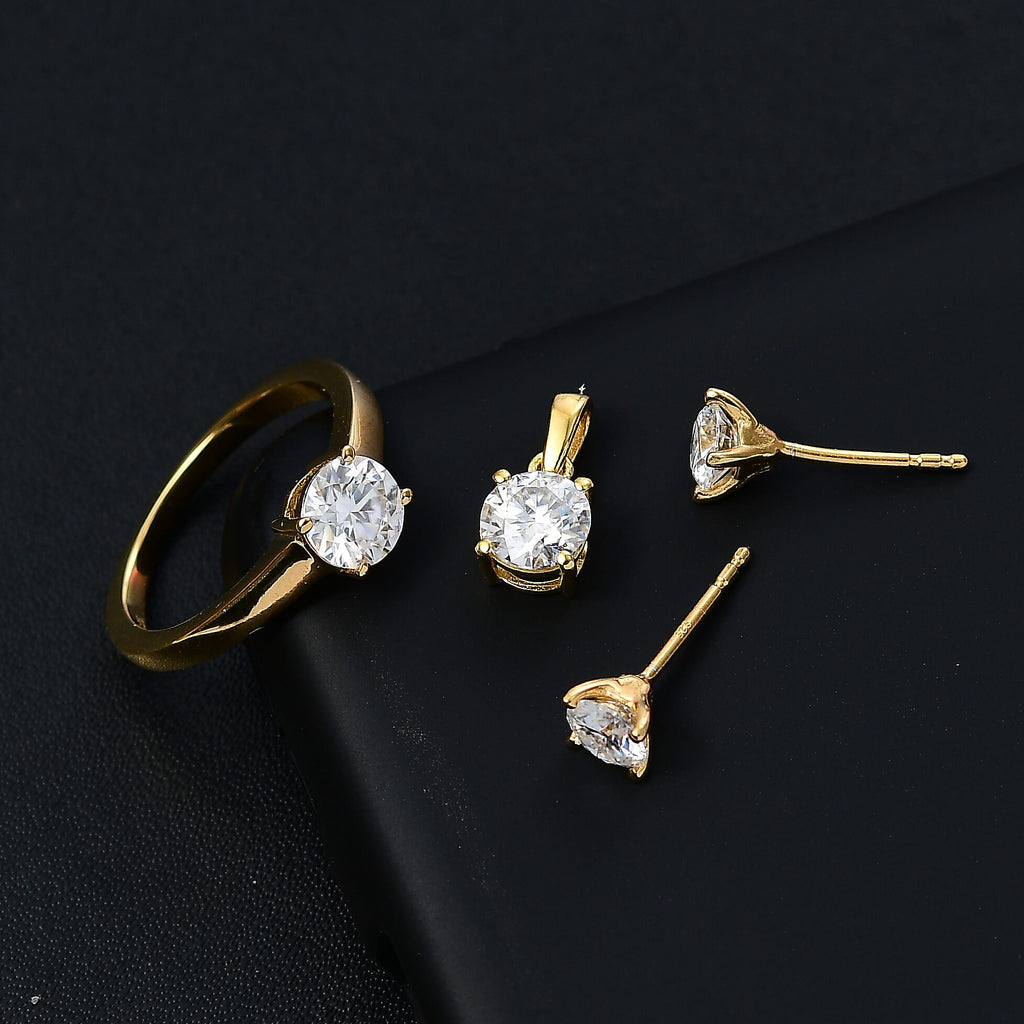 3 Piece Set -  Moissanite Solitaire Stud Push Post Earring and Solitaire Pendant and Solitaire Ring (Size - Q) in 18K Gold Vermeil Sterling Silver 2.46 Ct.