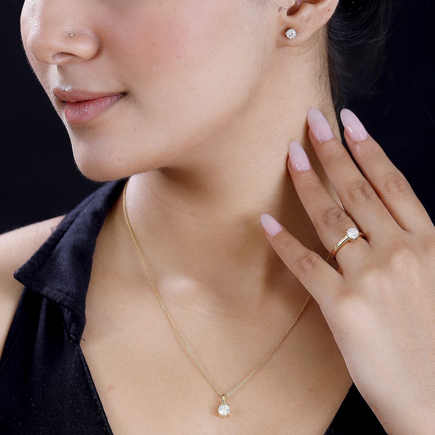 3 Piece Set -  Moissanite Solitaire Stud Earrings, Solitaire Pendant and Solitaire Ring in18K Gold Vermeil Plated Sterling Silver 4314854 2