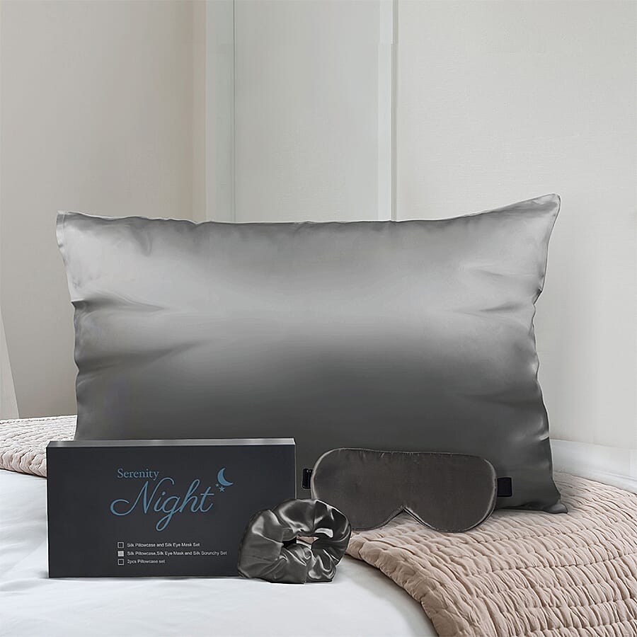 3 Piece Set - 100% Mulberry Silk Pillowcase (50x75cm), Scrunchie & Eye Mask (23.5x10.5cm) - Dark Grey