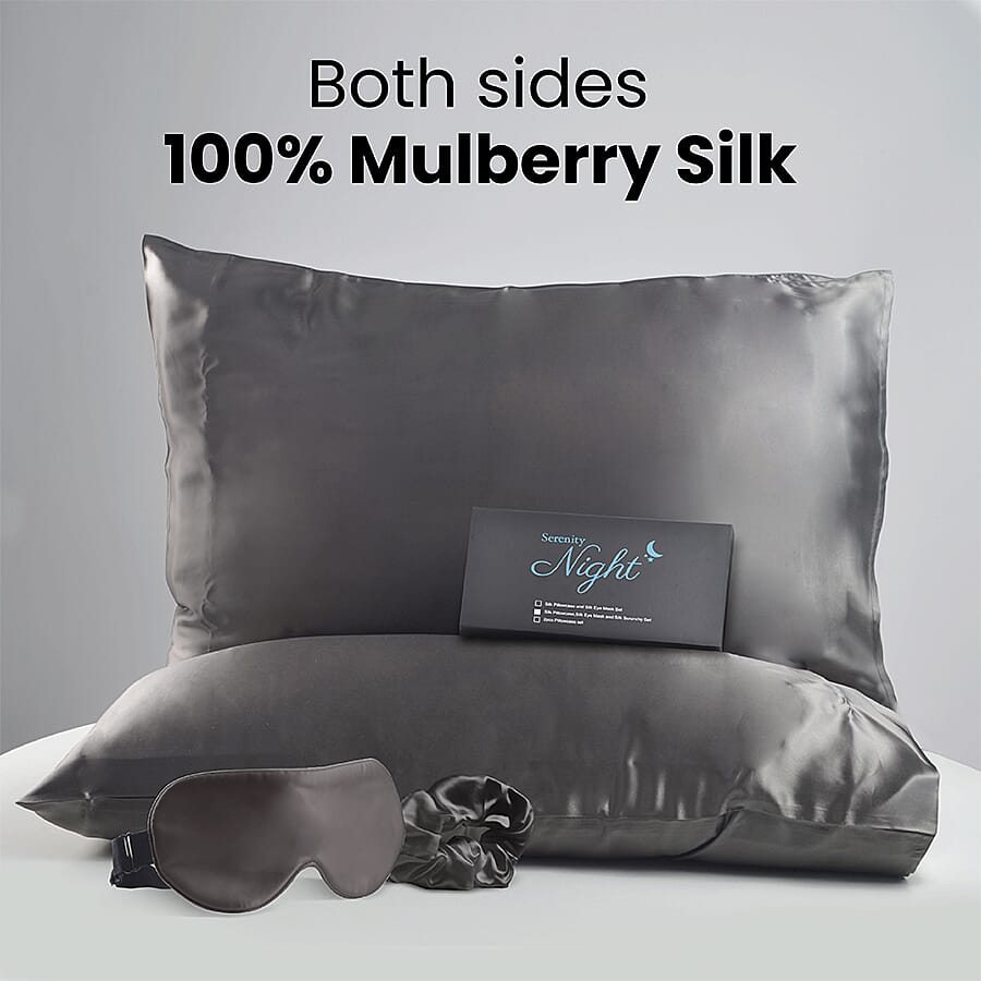 3 Piece Set - Mulberry Silk Pillowcase Scrunchie &amp; Eye Mask - Grey 3816797 2
