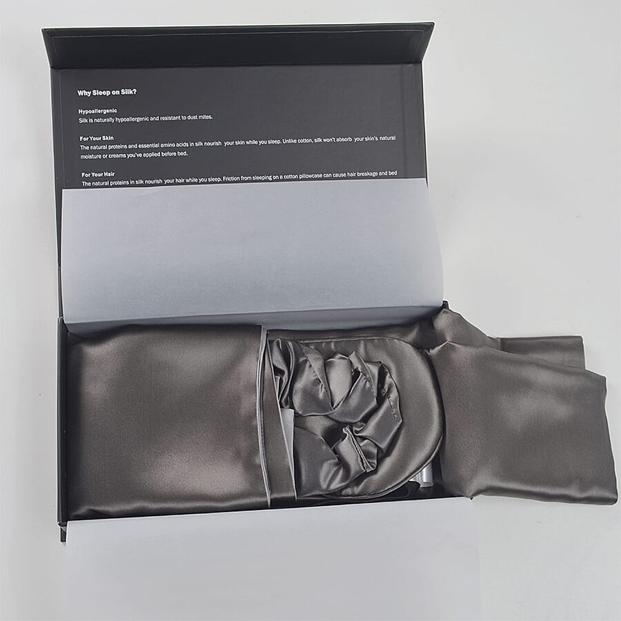 3 Piece Set - Mulberry Silk Pillowcase Scrunchie &amp; Eye Mask - Grey 3816797 8