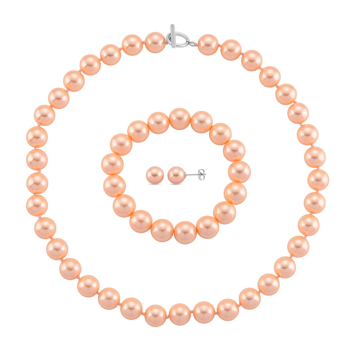 Set of 3 - Peach Shell Pearl Stretchable Bracelet (Size - 7), T-Bar Clasp Necklace (Size - 20) &amp; Push Back Earring V32535208 0