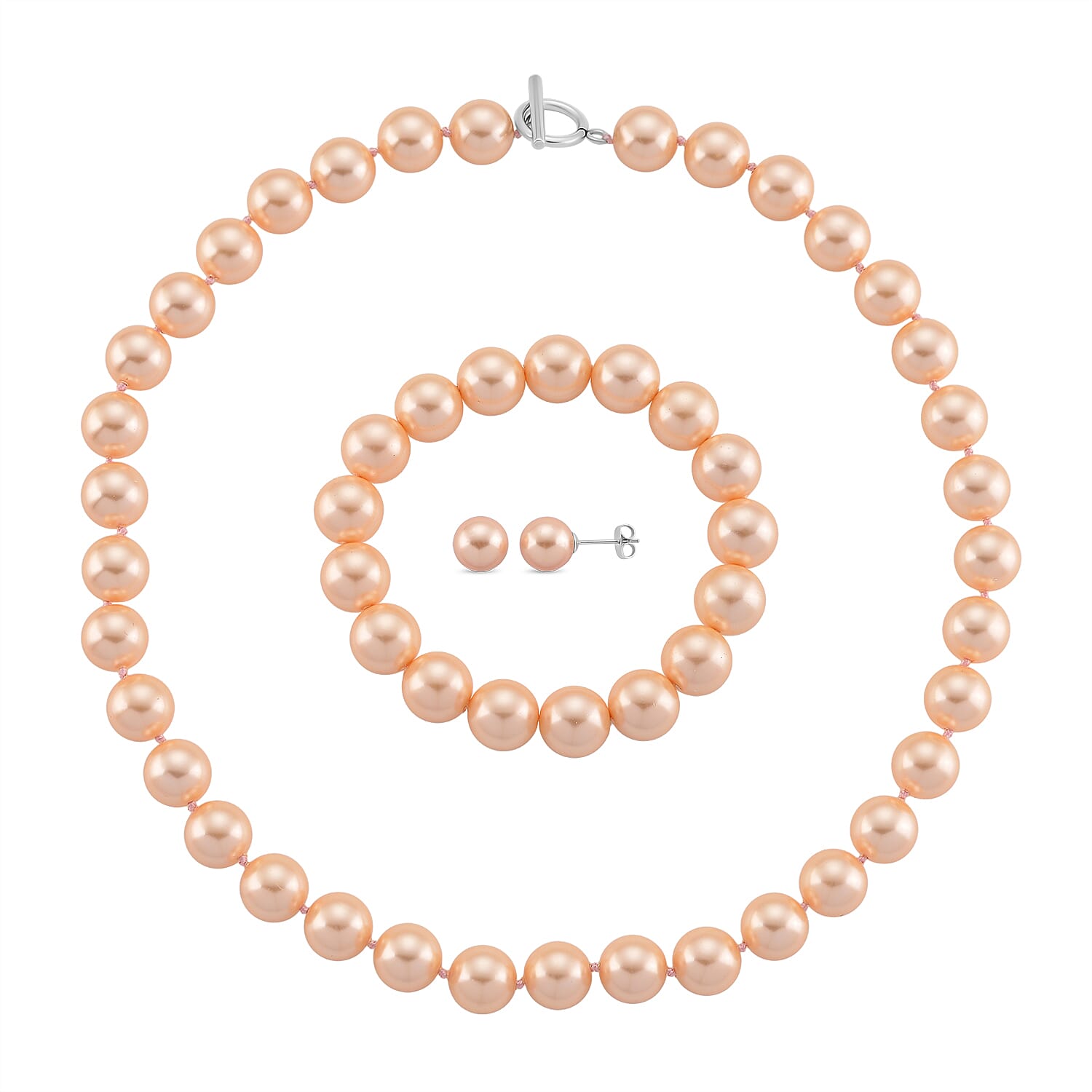 Set of 3 - Peach Shell Pearl Stretchable Bracelet (Size - 7), T-Bar Clasp Necklace (Size - 20) &amp; Push Back Earring V32535208 0