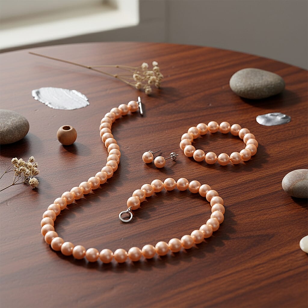 Set of 3 - Peach Shell Pearl Stretchable Bracelet (Size - 7), T-Bar Clasp Necklace (Size - 20) &amp; Push Back Earring V32535208 2