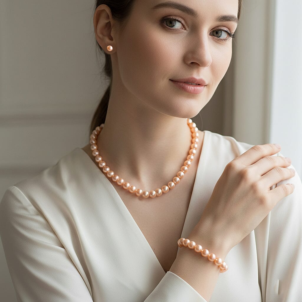 Set of 3 - Peach Shell Pearl Stretchable Bracelet (Size - 7), T-Bar Clasp Necklace (Size - 20) &amp; Push Back Earring V32535208 3