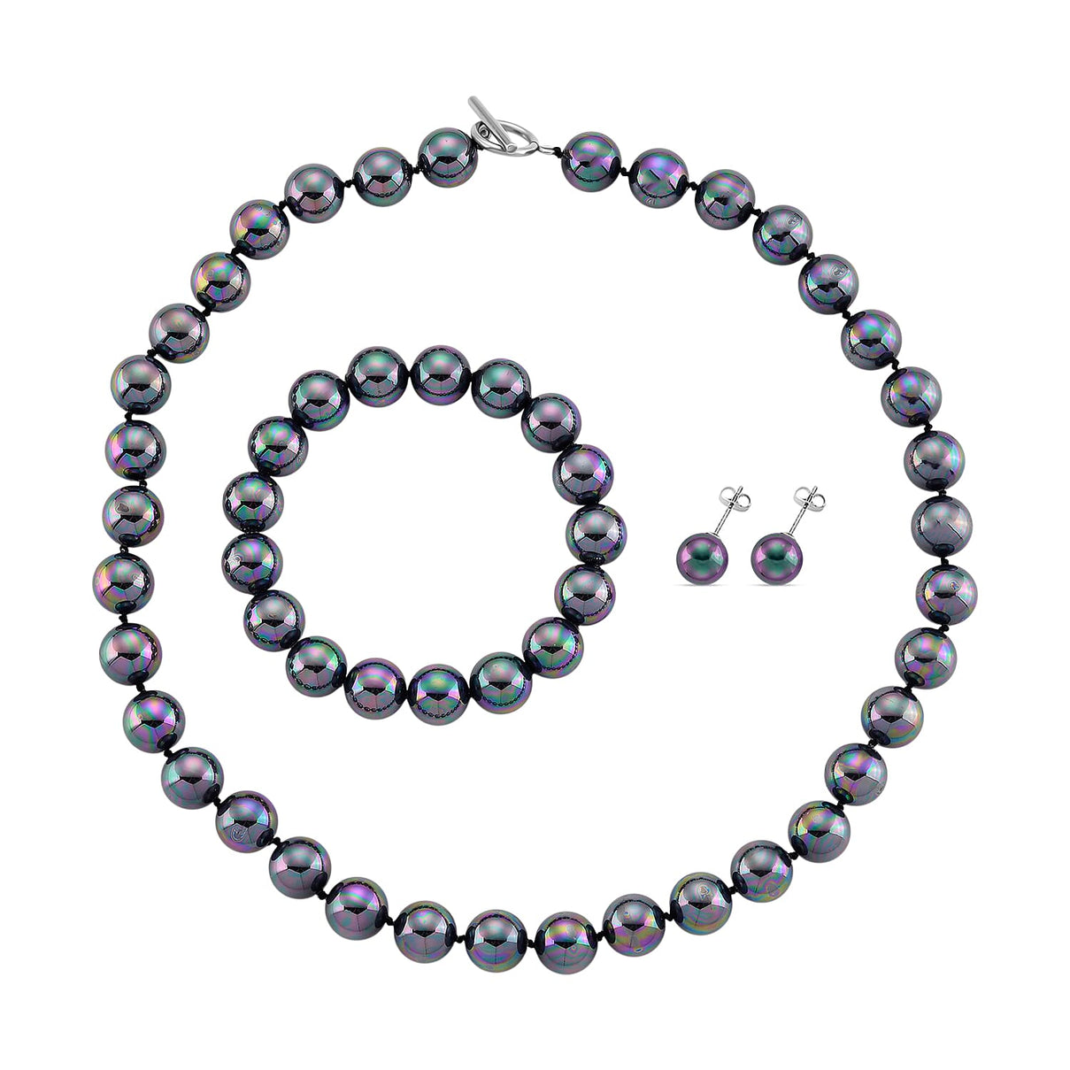 Set of 3 - Peacock Color Shell Pearl Stretchable Bracelet (Size - 7), Push Back Earring &amp; T-Bar Clasp Necklace (Size - 20) V32491642 0