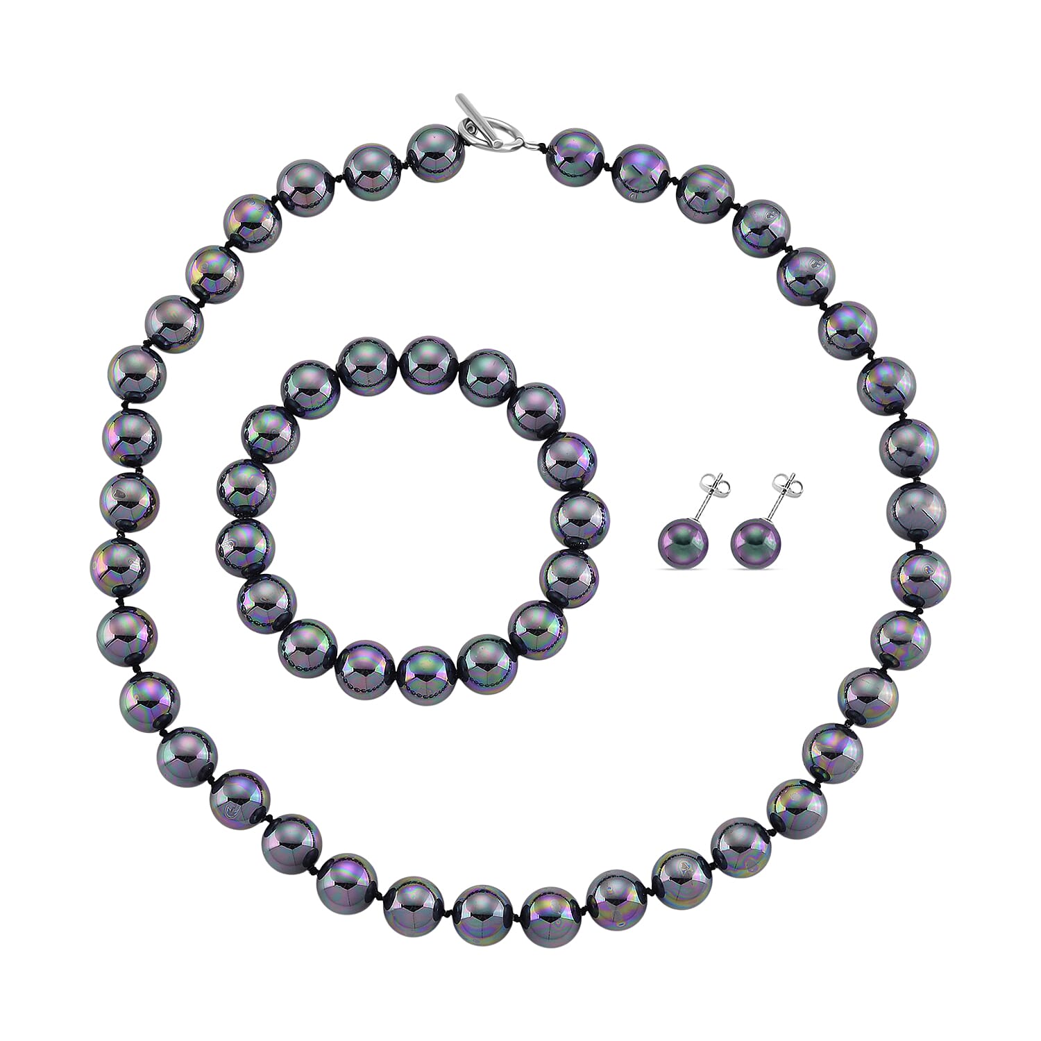 Set of 3 - Peacock Color Shell Pearl Stretchable Bracelet (Size - 7), Push Back Earring &amp; T-Bar Clasp Necklace (Size - 20) V32491642 0