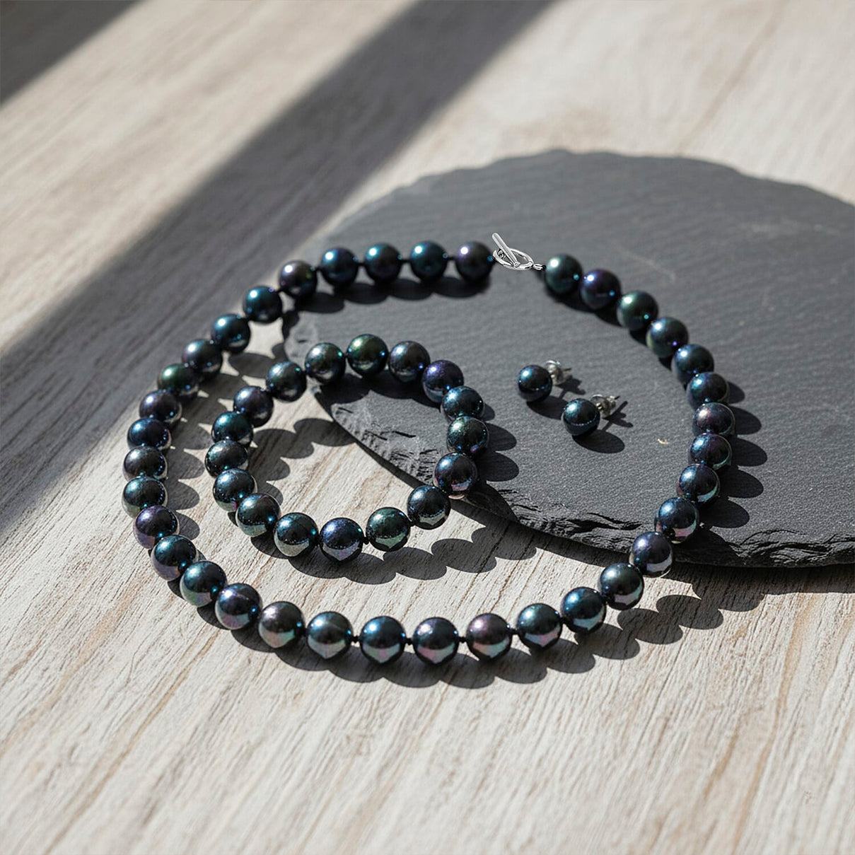 Set of 3 - Peacock Color Shell Pearl Stretchable Bracelet (Size - 7), Push Back Earring &amp; T-Bar Clasp Necklace (Size - 20) V32491642 2