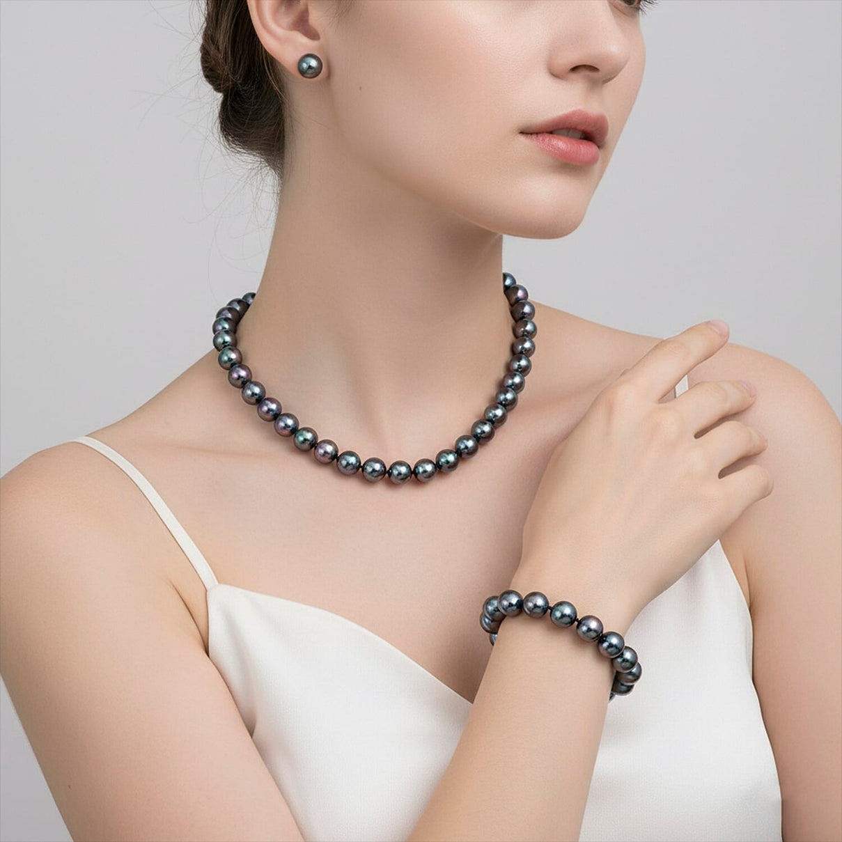 Set of 3 - Peacock Color Shell Pearl Stretchable Bracelet (Size - 7), Push Back Earring &amp; T-Bar Clasp Necklace (Size - 20) V32491642 3