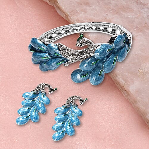 3 Piece Set - Peacock Inspired Bangle and Earrings with Black and White Crystals 4034918 0