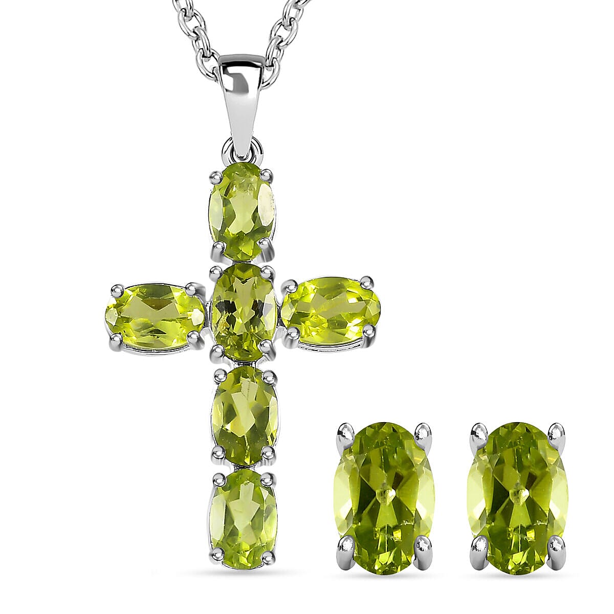 2 Piece Set - Hebei Peridot Cross Pendant with Chain and Stud Earrings in Sterling Silver 4400869 0