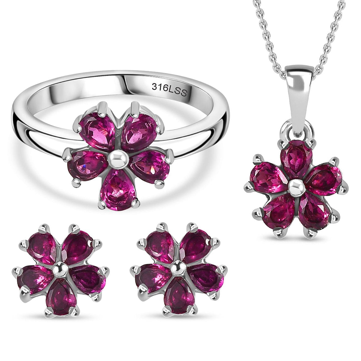 3 Piece Set -  Rhodolite Garnet Ring, Earring, Pendant with Chain (Size 20)  3.30 Ct. 4299180 0