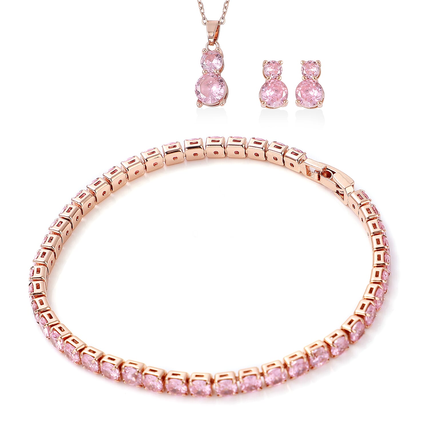 3 Piece Set - Simulated Pink Sapphire Pendant with Chain Size 20 with 2 inch Extender, Bracelet Size 7.75 and Earrings with Push Back in Rose Gold Tone 4047967 0