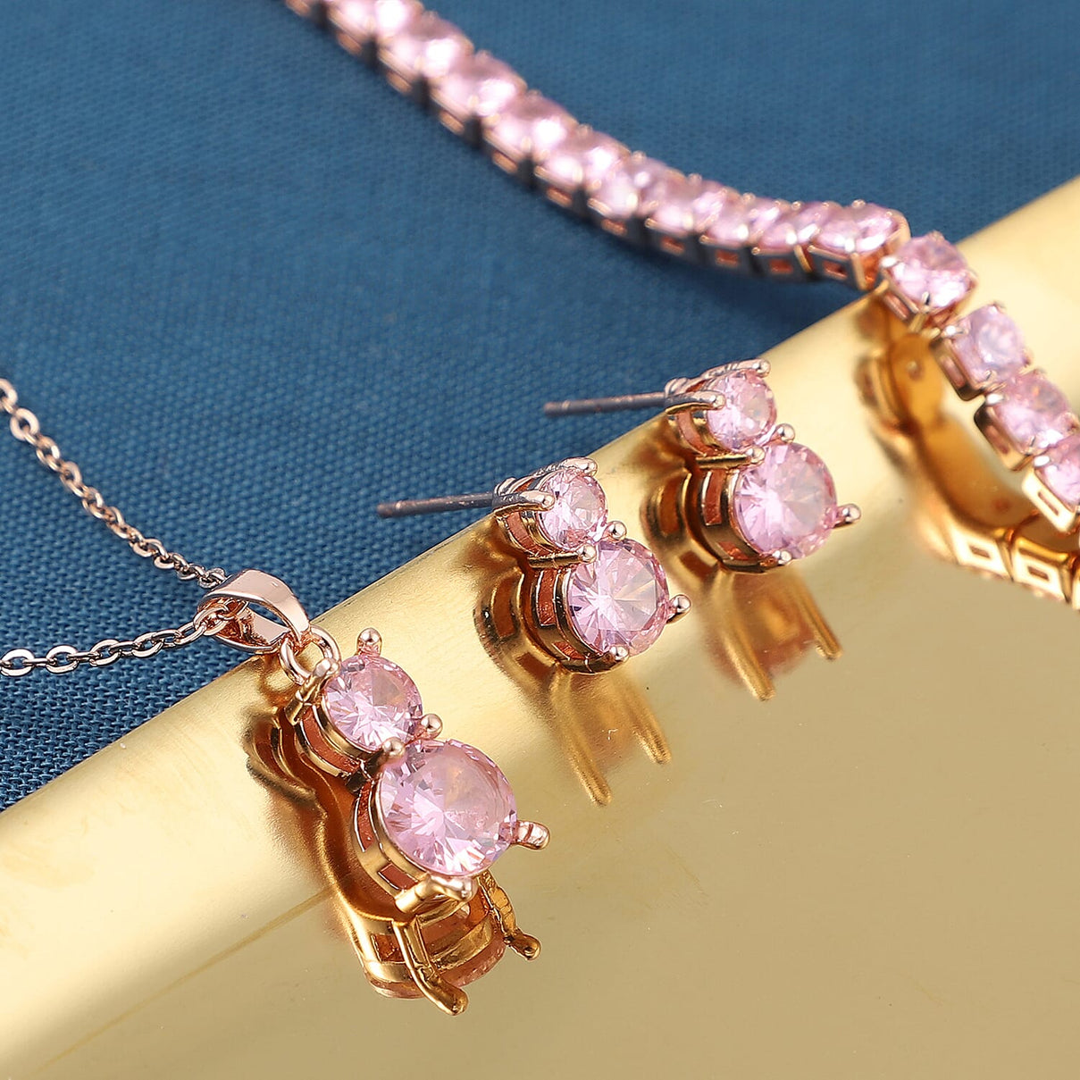 3 Piece Set - Simulated Pink Sapphire Pendant with Chain Size 20 with 2 inch Extender, Bracelet Size 7.75 and Earrings with Push Back in Rose Gold Tone 4047967 2