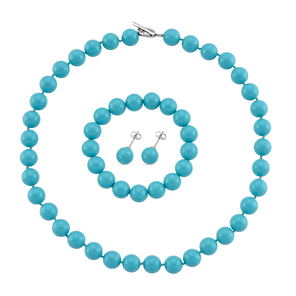 Set of 3 - Sleeping Beauty Color Shell Pearl Beads Stretchable Bracelet (Size - 7), Push Back Earring &amp; T-Bar Clasp Necklace (Size - 20) V32419637 0