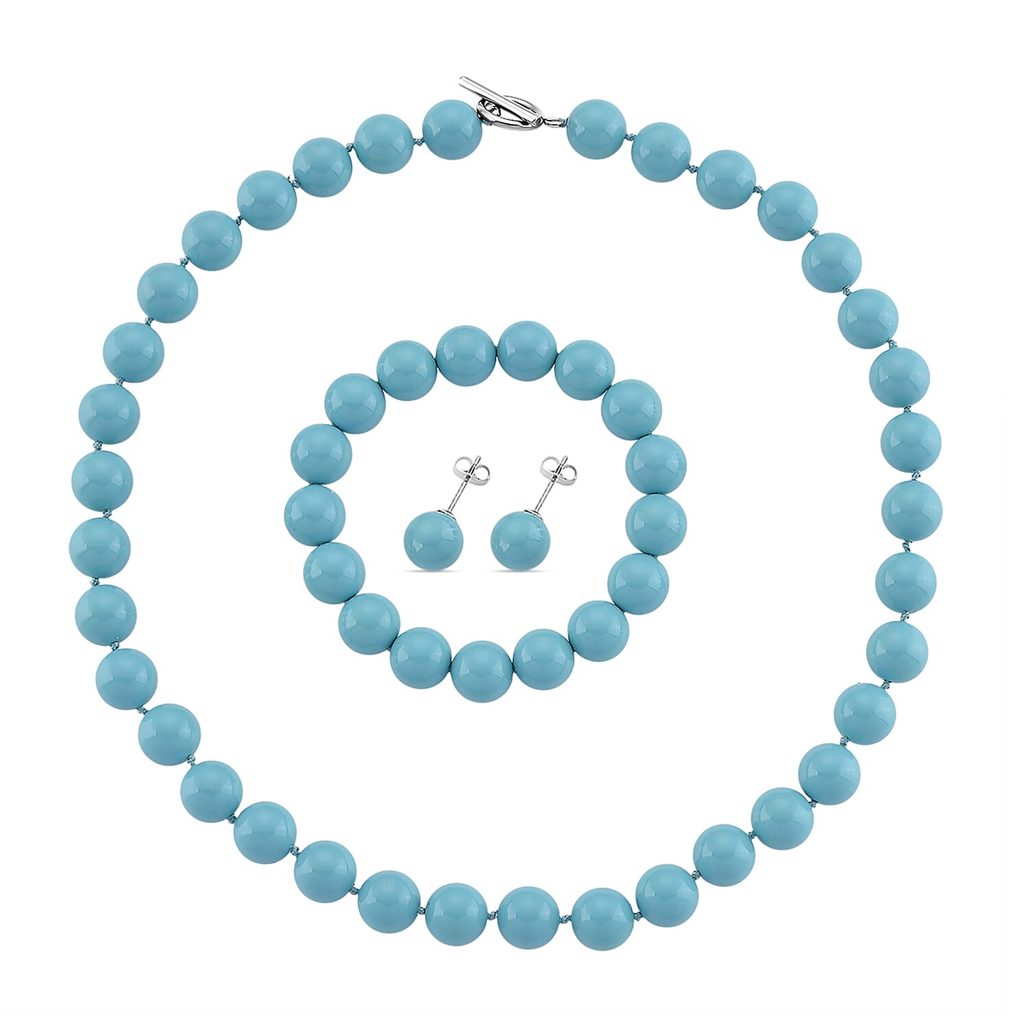 Set of 3 - Sleeping Beauty Color Shell Pearl Beads Stretchable Bracelet (Size - 7), Push Back Earring &amp; T-Bar Clasp Necklace (Size - 20) V32419637 0