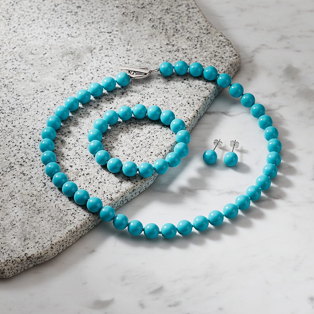 Set of 3 - Sleeping Beauty Color Shell Pearl Beads Stretchable Bracelet (Size - 7), Push Back Earring &amp; T-Bar Clasp Necklace (Size - 20) V32419637 2
