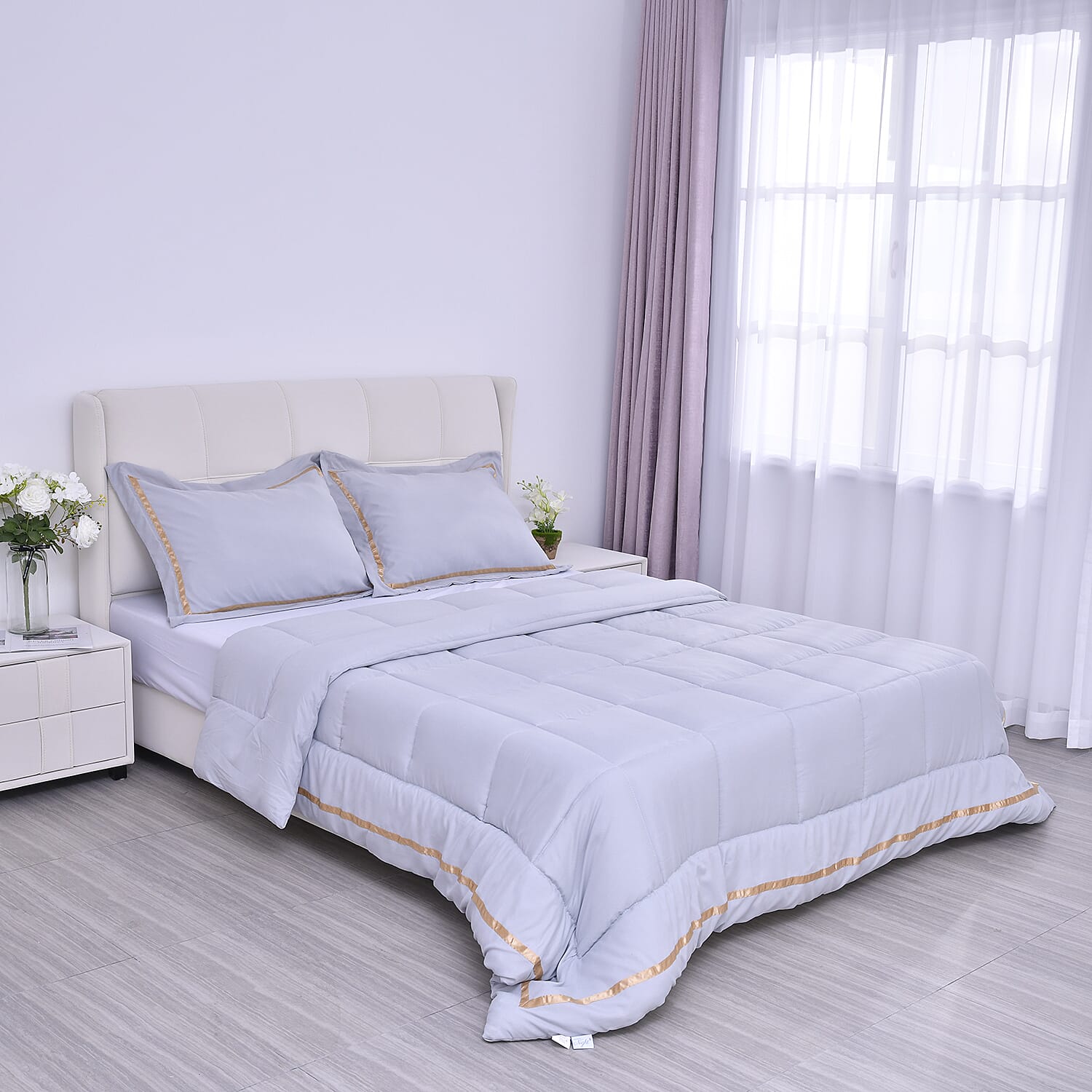 3 Piece Set - Stripe Pattern 1 Comforter and 2 Pillow Cases - Grey and Golden 3877966 0