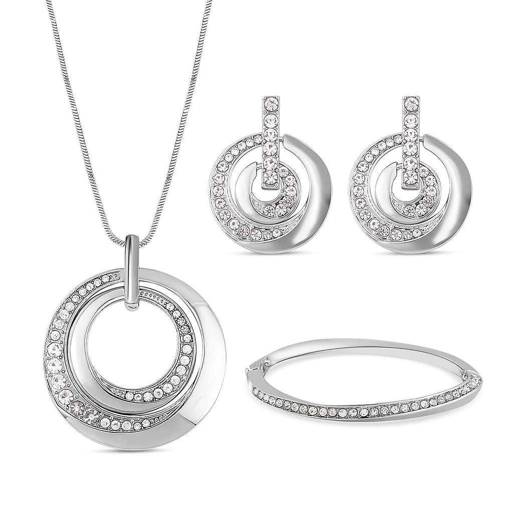 3 Piece Set - White Austrian Crystal Bangle (Size - 6.75), Necklace (Size 24-2 Inch Ext.) and Earrings in Silver Tone