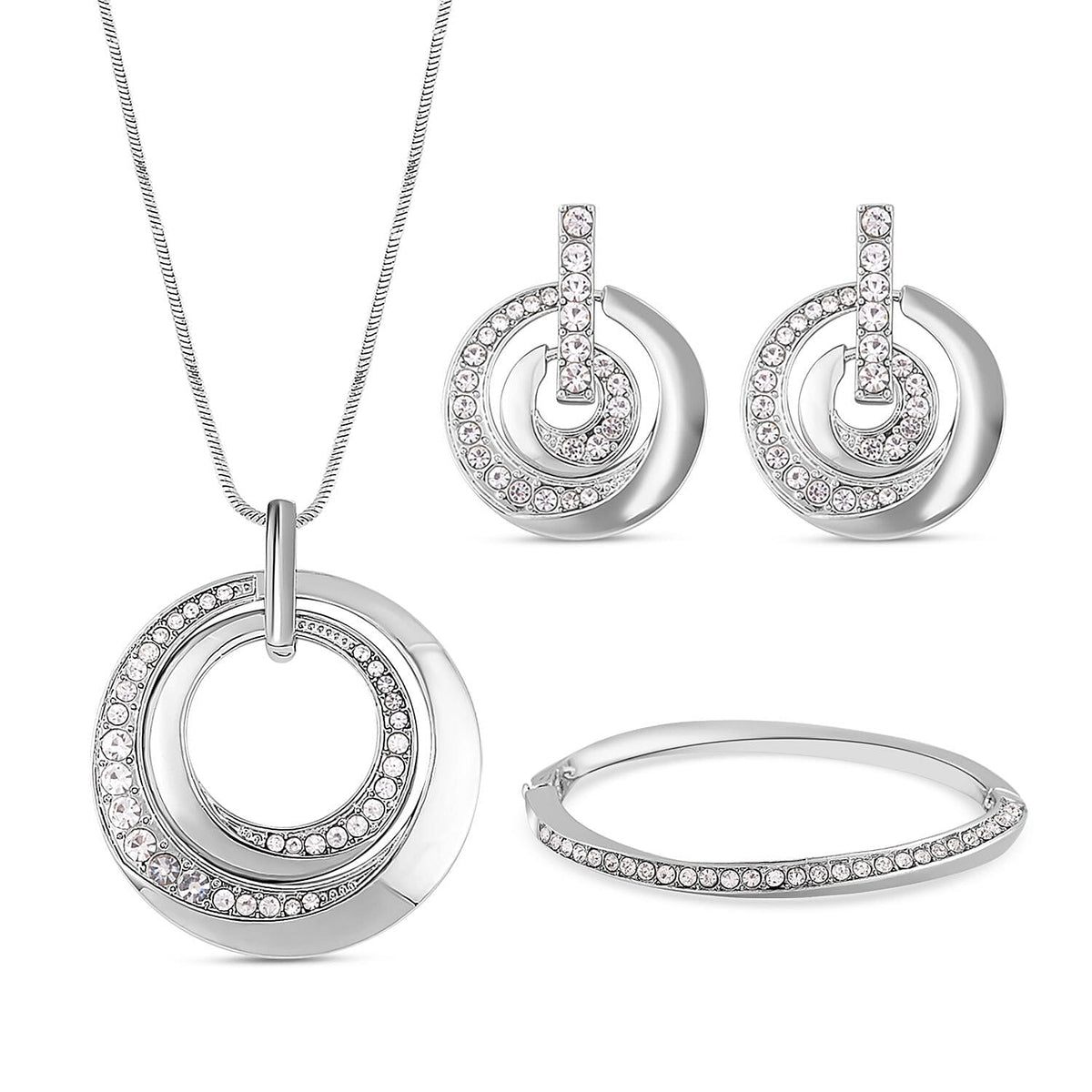 3 Piece Set - White Austrian Crystal Bangle (Size - 6.75), Necklace (Size 24-2 Inch Ext.) and Earrings in Silver Tone 4122557 0