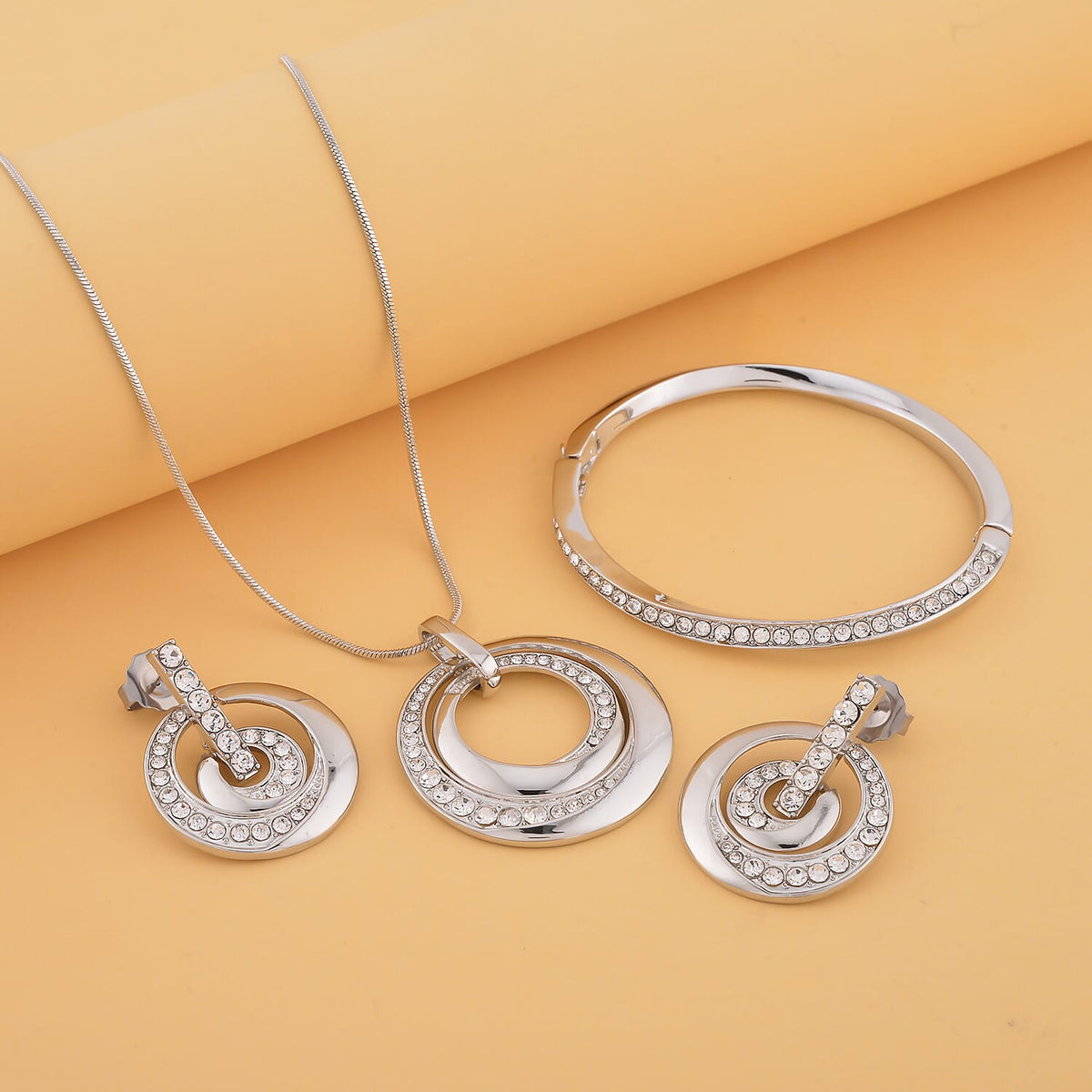 3 Piece Set - White Austrian Crystal Bangle (Size - 6.75), Necklace (Size 24-2 Inch Ext.) and Earrings in Silver Tone 4122557 1