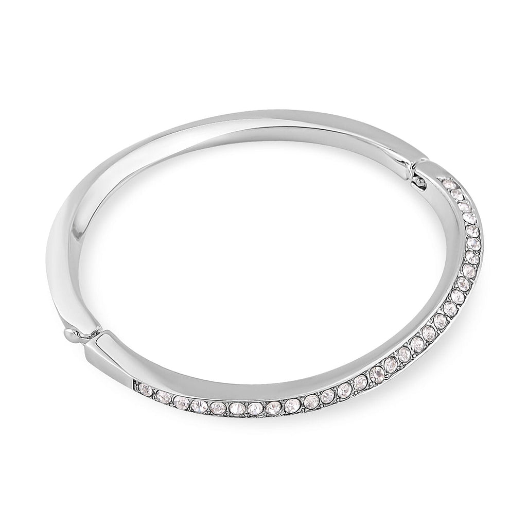 3 Piece Set - White Austrian Crystal Bangle (Size - 6.75), Necklace (Size 24-2 Inch Ext.) and Earrings in Silver Tone