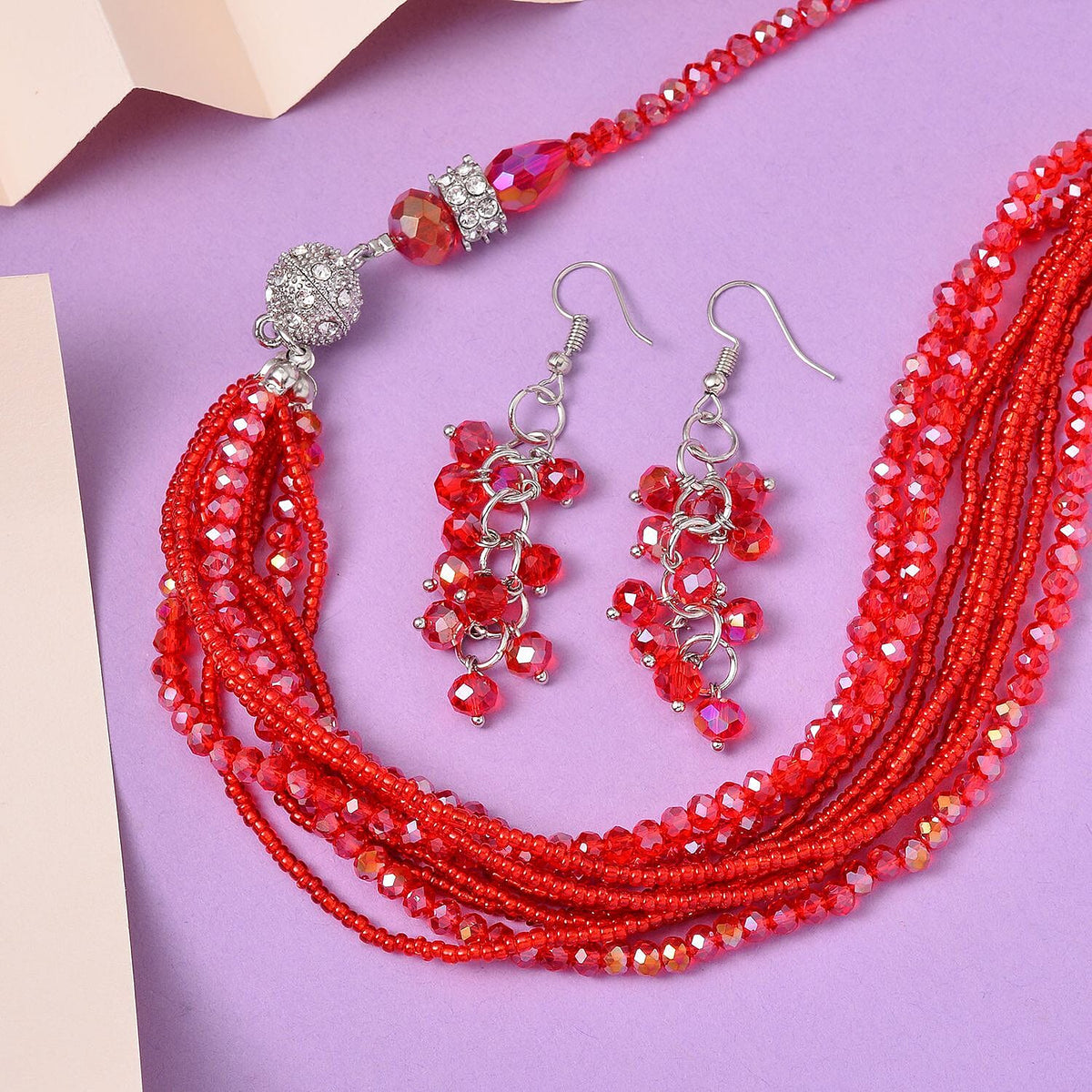 3 Piece Set - White &amp; Red Austrian Crystal Necklace (Size 18 &amp; 16) and Earrings 4227182 1