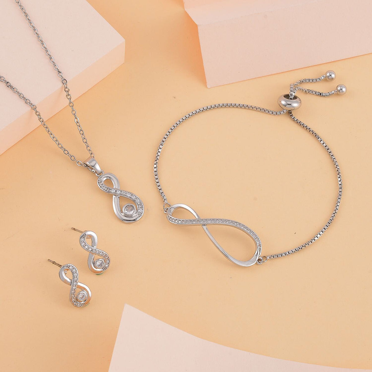 Lustro Stella- 3 Piece Set - Cubic Zirconia Necklace (Size 20-2) and Adjustable Bracelet (Size 6-8) and Earrings 4234239 1