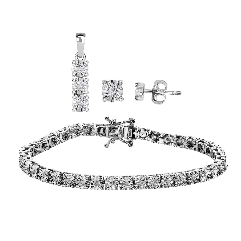 3 Piece Set - Diamond Tennis Bracelet (Size 8), Earrings and Pendant in Platinum Overlay Sterling Silver, Silver Wt. 14.78 Gms