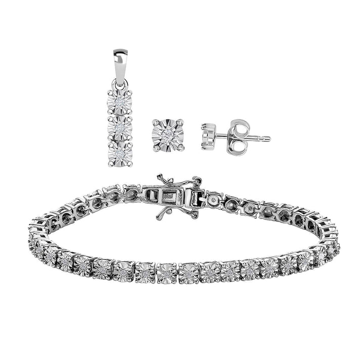 3 Piece Set - Diamond (0.250ct) Box Bracelet (Size 6.5), Earrings and Pendant in Platinum Overlay Sterling Silver 4193076 1