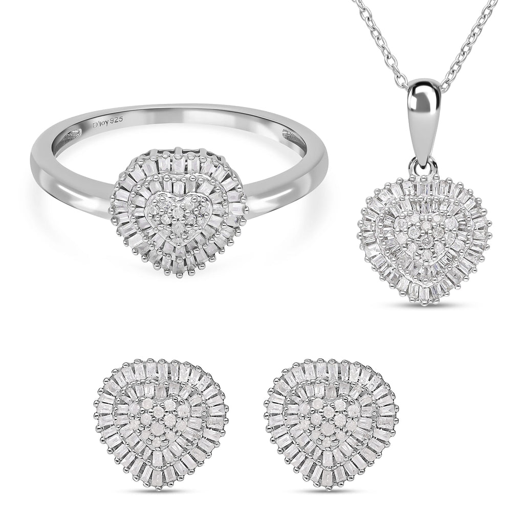 The Carat Club - 3 Piece Set - Diamond Ring, Earrings & Pendant with Chain (Size 20) in Platinum Overlay Sterling Silver 1.00 Ct, Silver Wt. 6.11 Gms.
