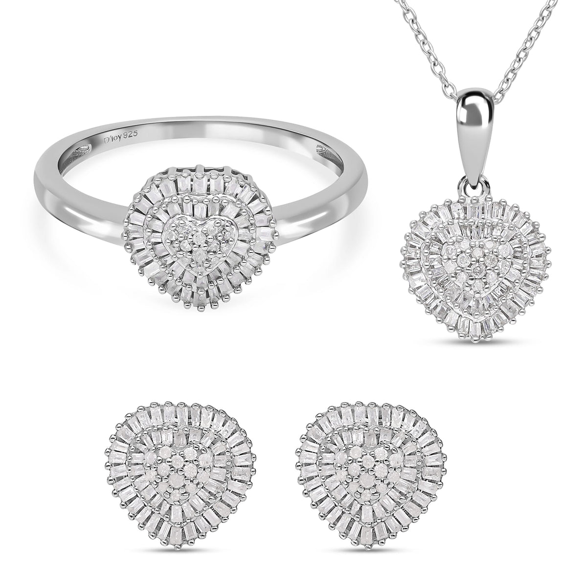 3 Piece Set - Heart Diamond Ring, Earrings, Pendant with Chain (Size 20) in Platinum Overlay Sterling Silver 4177140 0