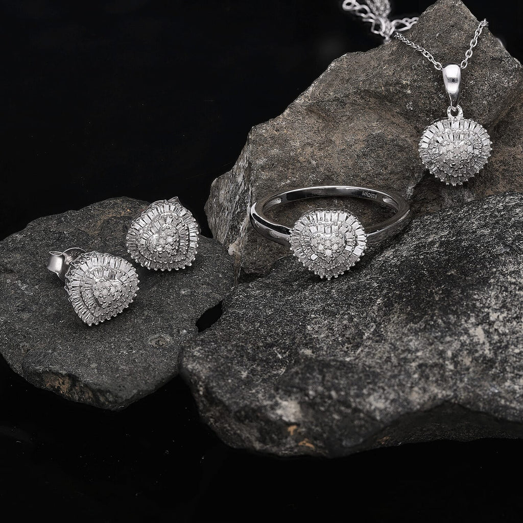 The Carat Club - 3 Piece Set - Diamond Ring, Earrings & Pendant with Chain (Size 20) in Platinum Overlay Sterling Silver 1.00 Ct, Silver Wt. 6.11 Gms.