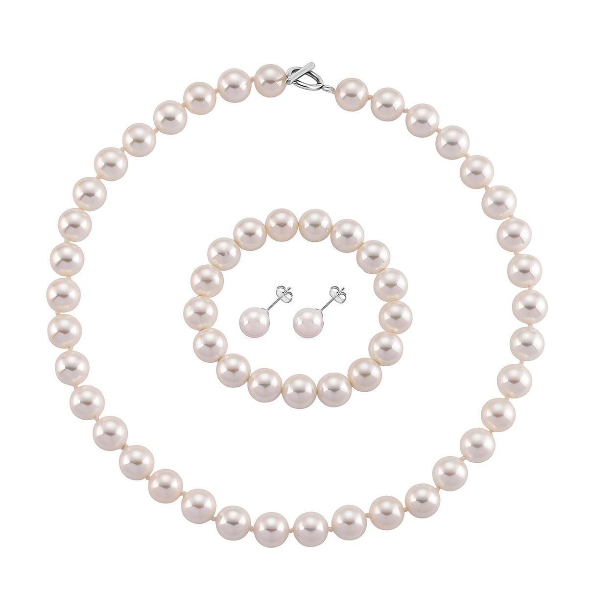 Set of 3 - White Shell Pearl Beads Adjustable Bracelet (Size - 7), T-Bar Clasp Necklace (Size - 20) &amp; Push Back Earring 4427687 0