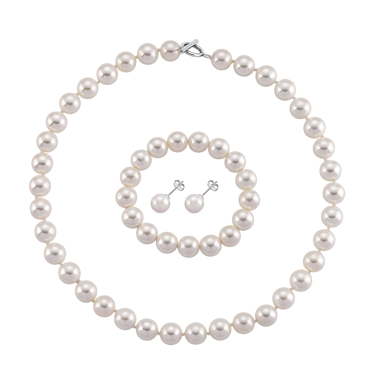 Set of 3 - White Shell Pearl Beads Adjustable Bracelet (Size - 7), T-Bar Clasp Necklace (Size - 20) &amp; Push Back Earring 4427687 0