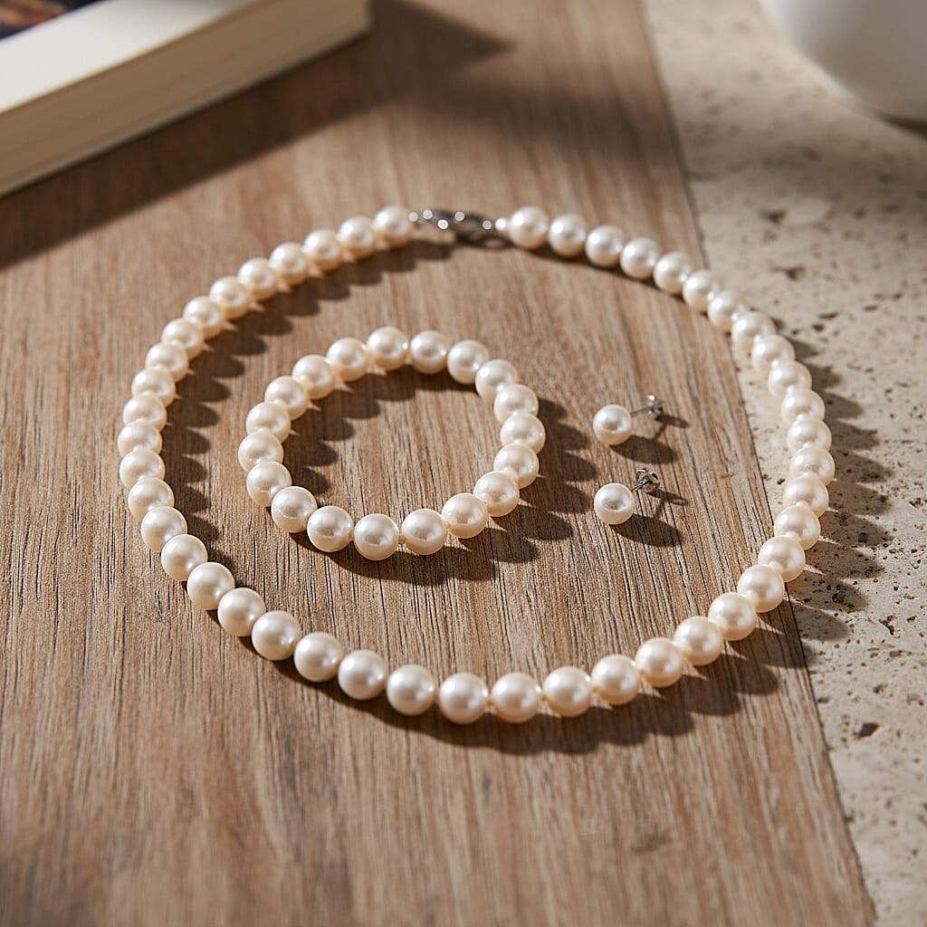 Set of 3 - White Shell Pearl Beads Adjustable Bracelet (Size - 7), T-Bar Clasp Necklace (Size - 20) &amp; Push Back Earring 4427687 2