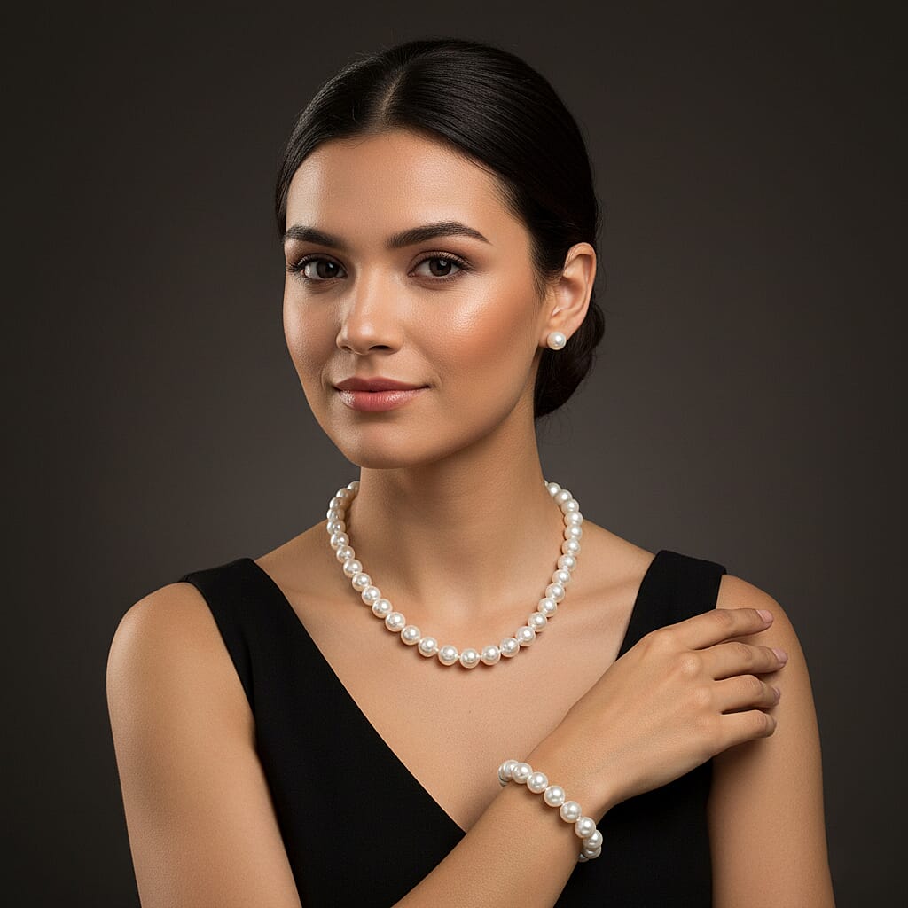 Set of 3 - White Shell Pearl Beads Adjustable Bracelet (Size - 7), T-Bar Clasp Necklace (Size - 20) &amp; Push Back Earring 4427687 3