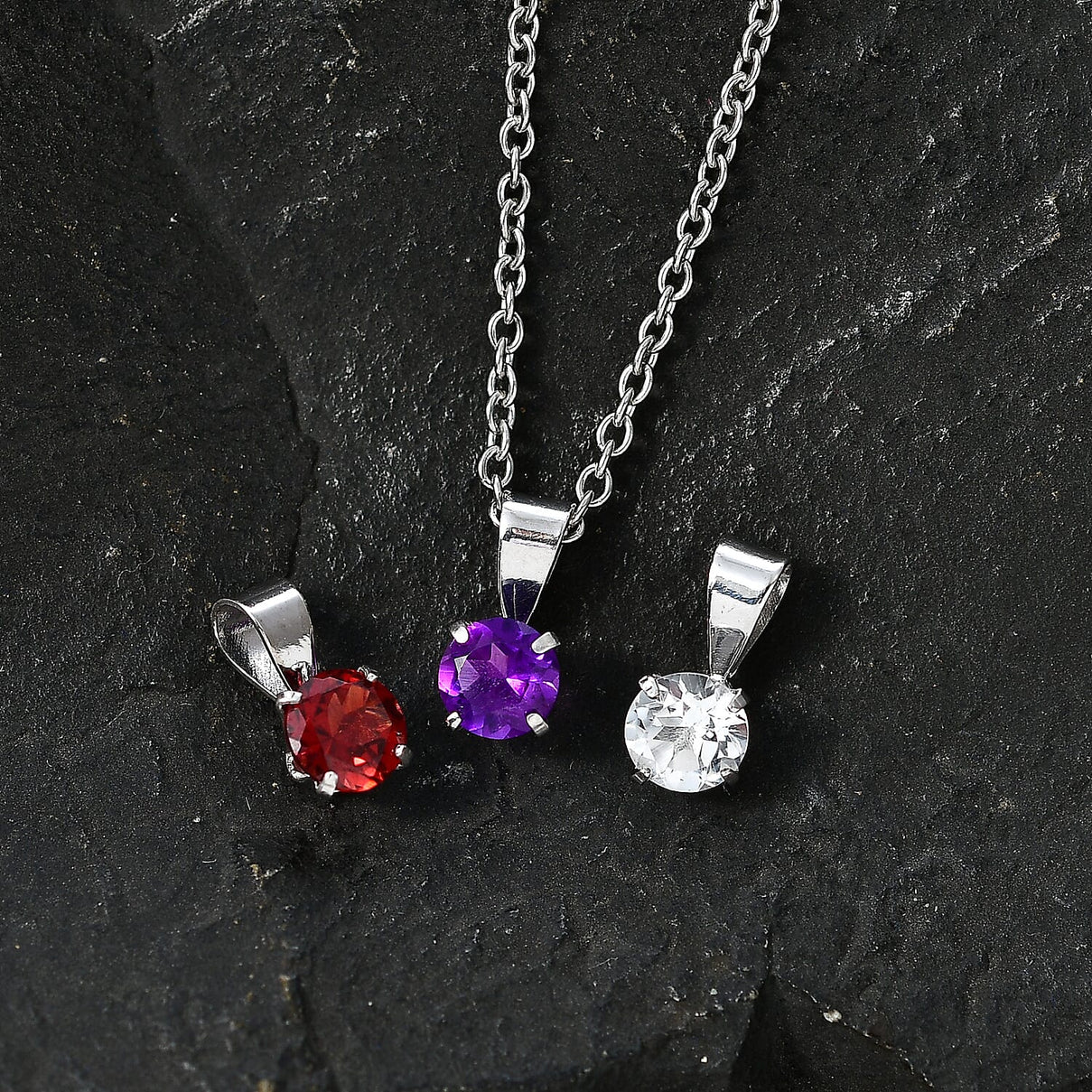 Set of 3 - African Amethyst, White Topaz &amp; Red Garnet Solitaire Pendant in Platinum Overlay Sterling Silver with Chain (Size 20) 1.72 Ct. V32513502 3