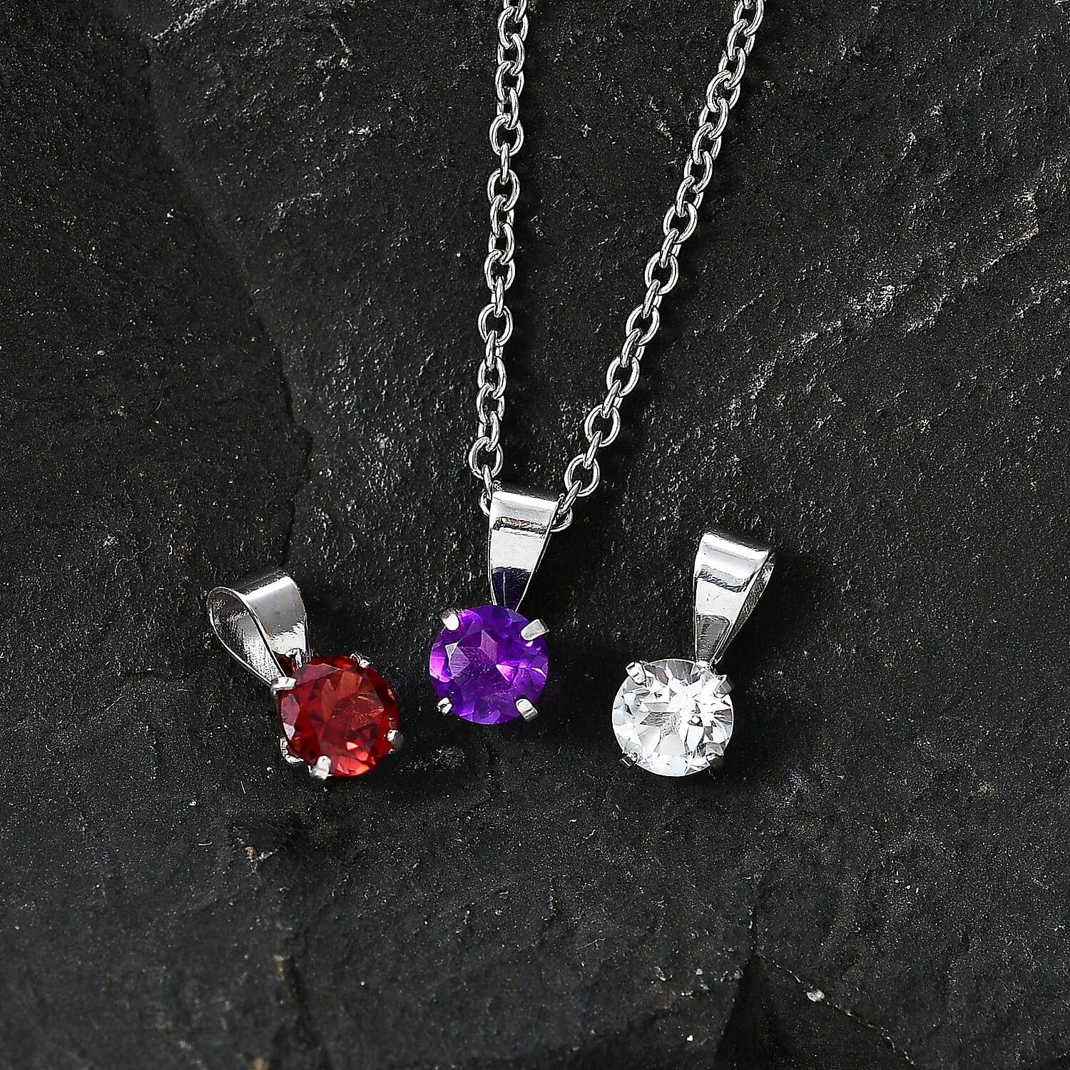 Set of 3 - African Amethyst, White Topaz &amp; Red Garnet Solitaire Pendant in Platinum Overlay Sterling Silver with Chain (Size 20) 1.72 Ct. V32513502 3
